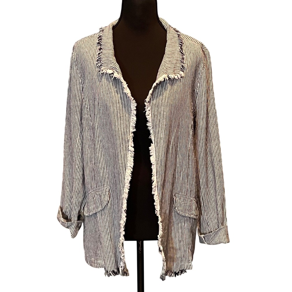 Versona Small Navy White Striped Linen Blend Frayed Open Front Blazer Coastal